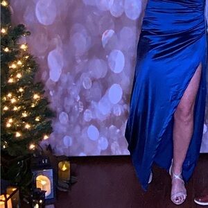 Blue Ruched Satin Cocktail Gown